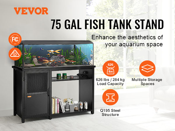VEVOR aquarium stand 75 gallon with storage spaces, 626 lb load capacity, and certified embedded socket.