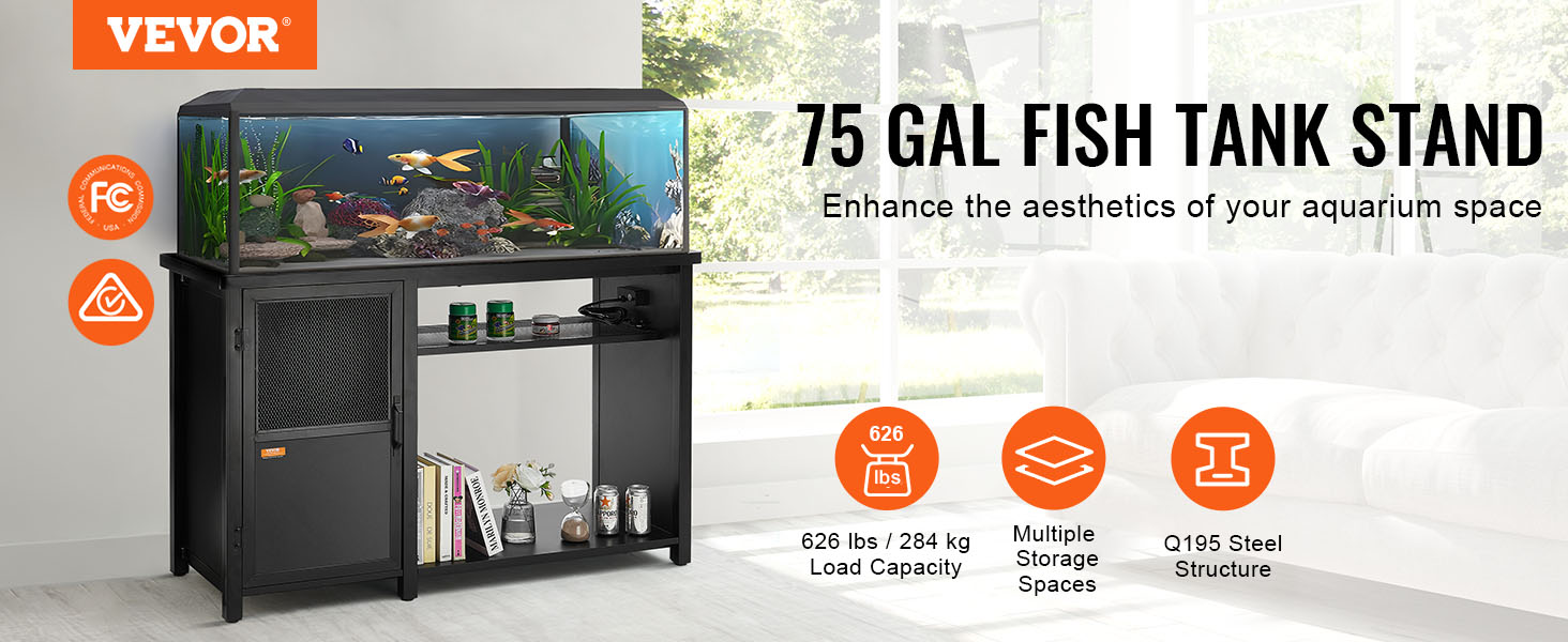 VEVOR aquarium stand 75 gallon with storage spaces, 626 lb load capacity, and certified embedded socket.
