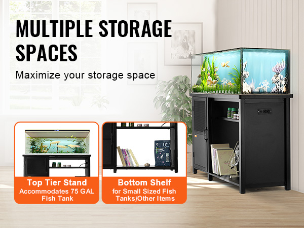 VEVOR aquarium stand 75 gallon with multiple storage spaces for fish tanks and accessories in a modern room.