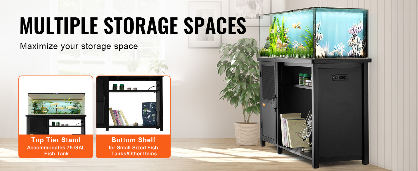 VEVOR aquarium stand 75 gallon with multiple storage spaces for fish tanks and accessories in a modern room.