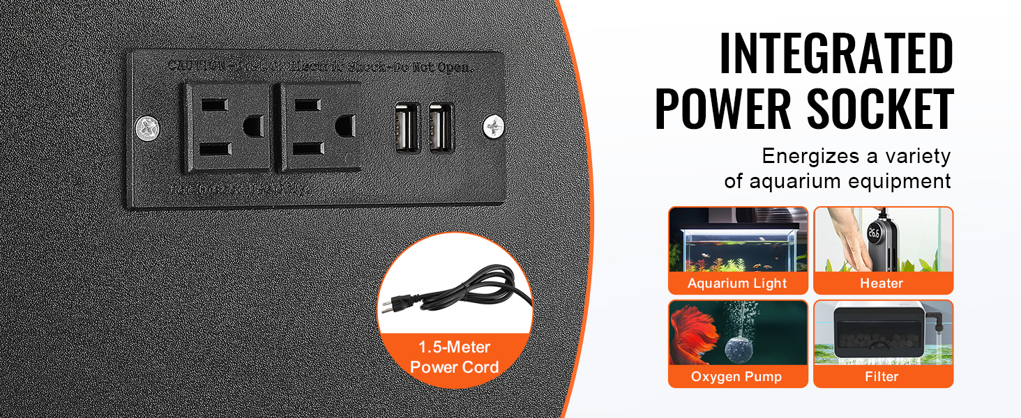 integrated power socket on VEVOR aquarium stand 75 gallon with 1.5-meter power cord for various equipment