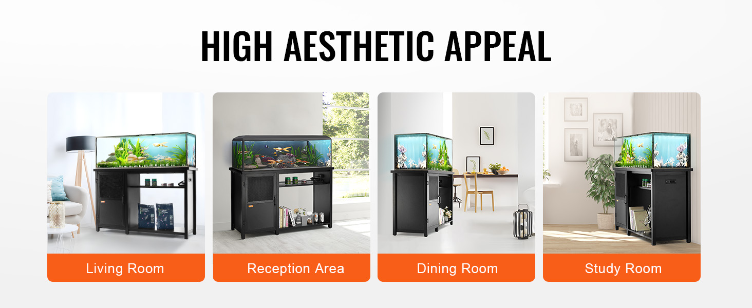 VEVOR aquarium stand 75 gallon in different rooms: living room, reception area, dining room, study room.