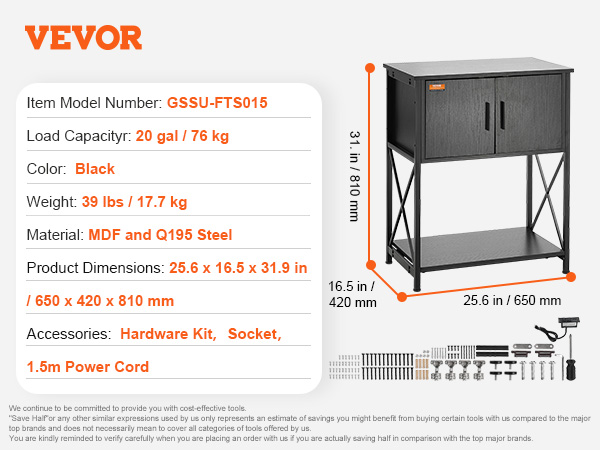 VEVOR aquarium stand, 20 gal capacity, black mdf and q195 steel, 25.6x16.5x31.9 in, accessories included.
