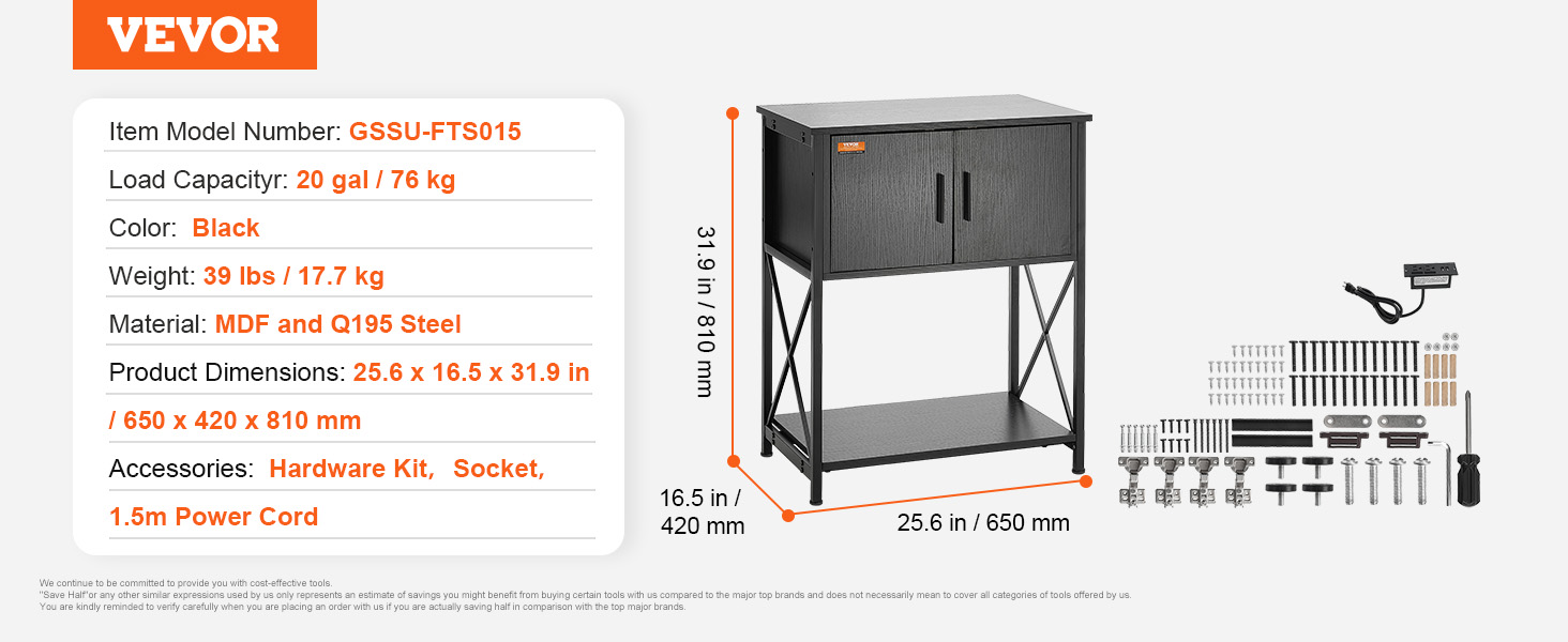 VEVOR aquarium stand, 20 gal capacity, black mdf and q195 steel, 25.6x16.5x31.9 in, accessories included.