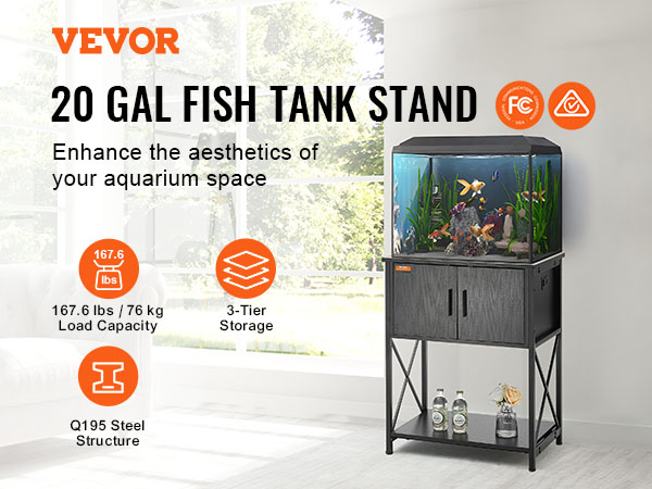 VEVOR aquarium stand with 20-gallon fish tank, 3-tier storage, 167.6 lbs load capacity.
