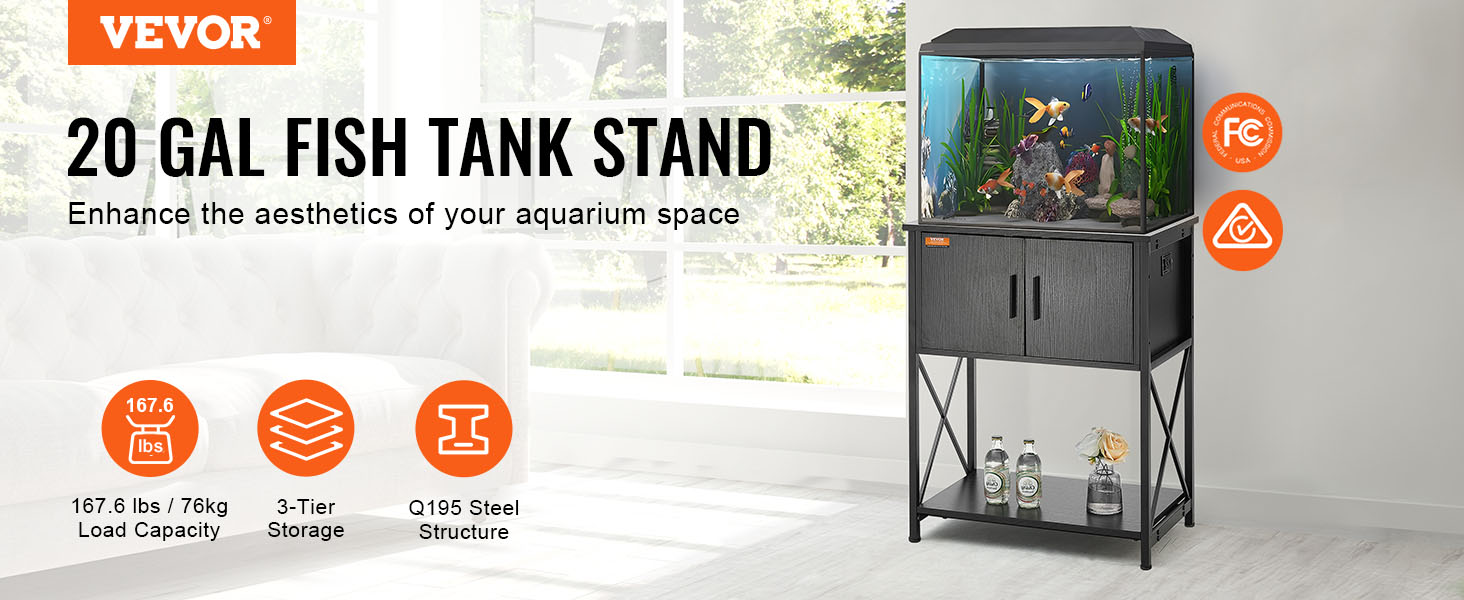 VEVOR aquarium stand with 20-gallon fish tank, 3-tier storage, 167.6 lbs load capacity.