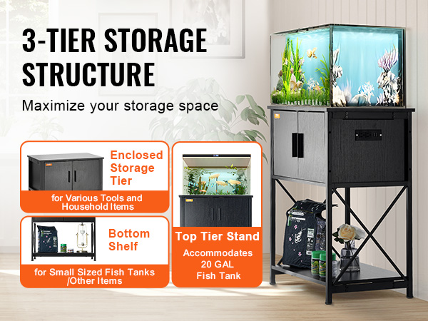 3-tier VEVOR aquarium stand with enclosed storage, bottom shelf, and top tier for a 20-gallon fish tank.