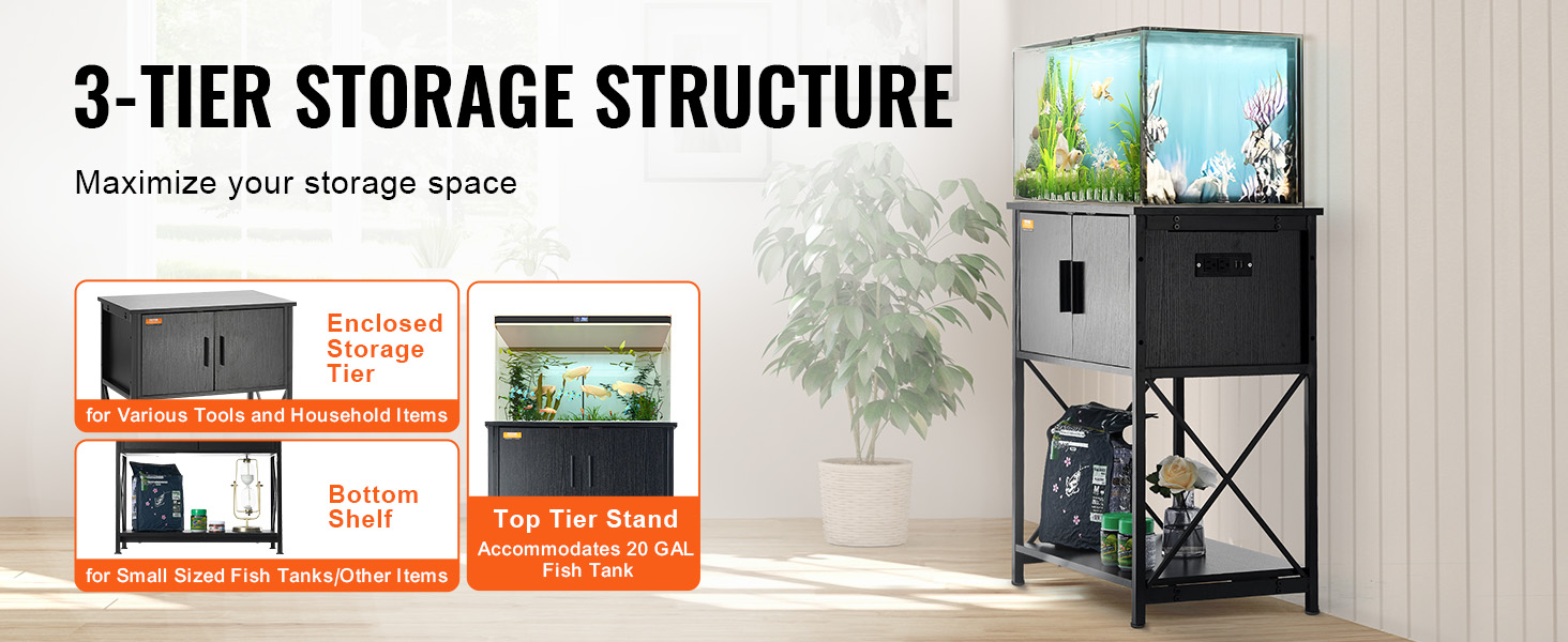 3-tier VEVOR aquarium stand with enclosed storage, bottom shelf, and top tier for a 20-gallon fish tank.
