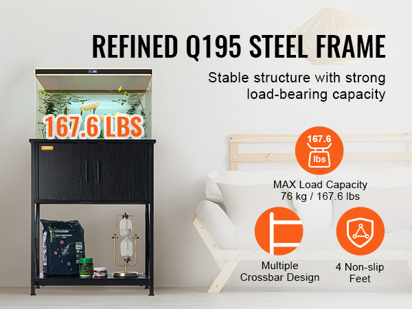VEVOR aquarium stand with q195 steel frame and 167.6 lbs load capacity, placed in modern living room.