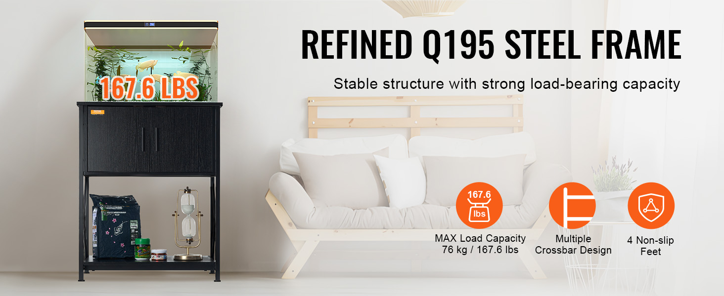 VEVOR aquarium stand with q195 steel frame and 167.6 lbs load capacity, placed in modern living room.