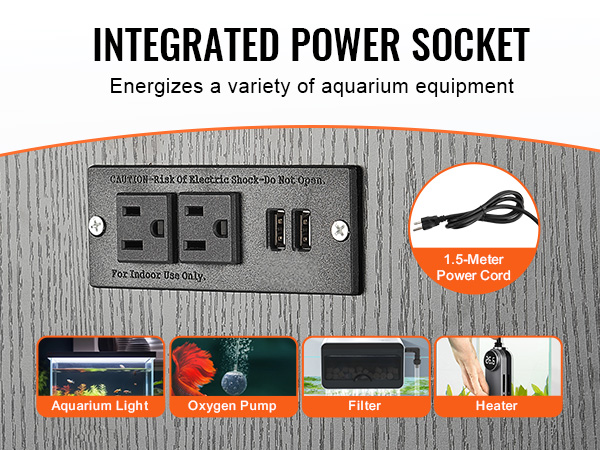 integrated power socket on wood panel with 1.5-meter cord for VEVOR aquarium stand to power equipment.