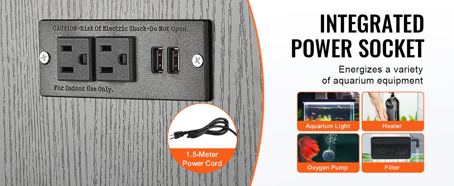 integrated power socket on wood panel with 1.5-meter cord for VEVOR aquarium stand to power equipment.