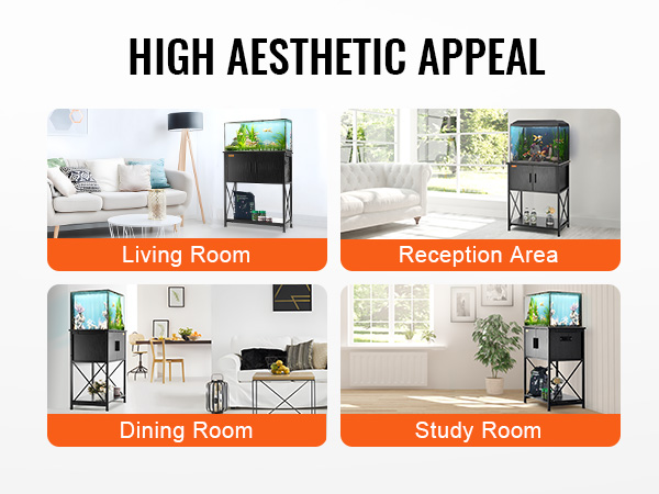 VEVOR aquarium stand displayed in living room, reception area, dining room, and study room settings