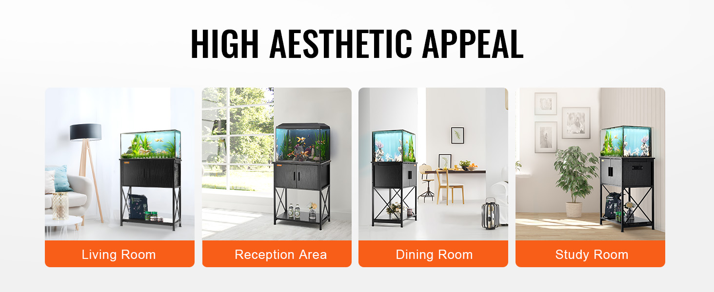 VEVOR aquarium stand displayed in living room, reception area, dining room, and study room settings