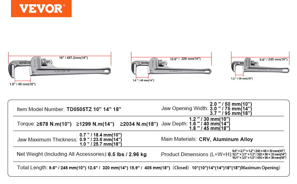 VEVOR pipe wrench set, model td0505tz 10", 14", and 18", with dimensions and specifications.