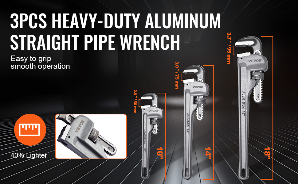 VEVOR pipe wrench set, 3pcs heavy-duty aluminum, 10'', 14'', 18'', easy grip, smooth operation, 40% lighter