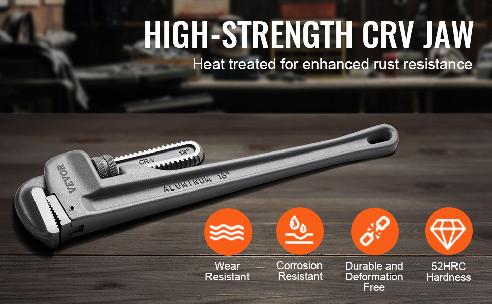 VEVOR pipe wrench set showcasing high-strength crv jaw, durability icons, and heat treatment benefits.