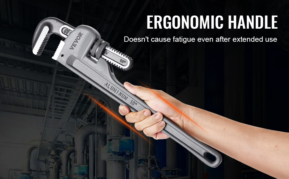 VEVOR pipe wrench set, ergonomic handle, lightweight aluminum, non-slip grip, prevents hand fatigue.