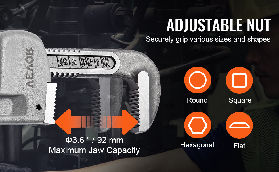 VEVOR pipe wrench set with adjustable jaw, maximum capacity of 92 mm, grips round, square, hexagonal, and flat shapes.