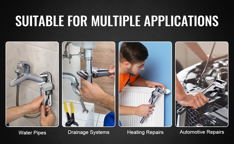 VEVOR pipe wrench set used for water pipes, drainage systems, heating repairs, automotive repairs.