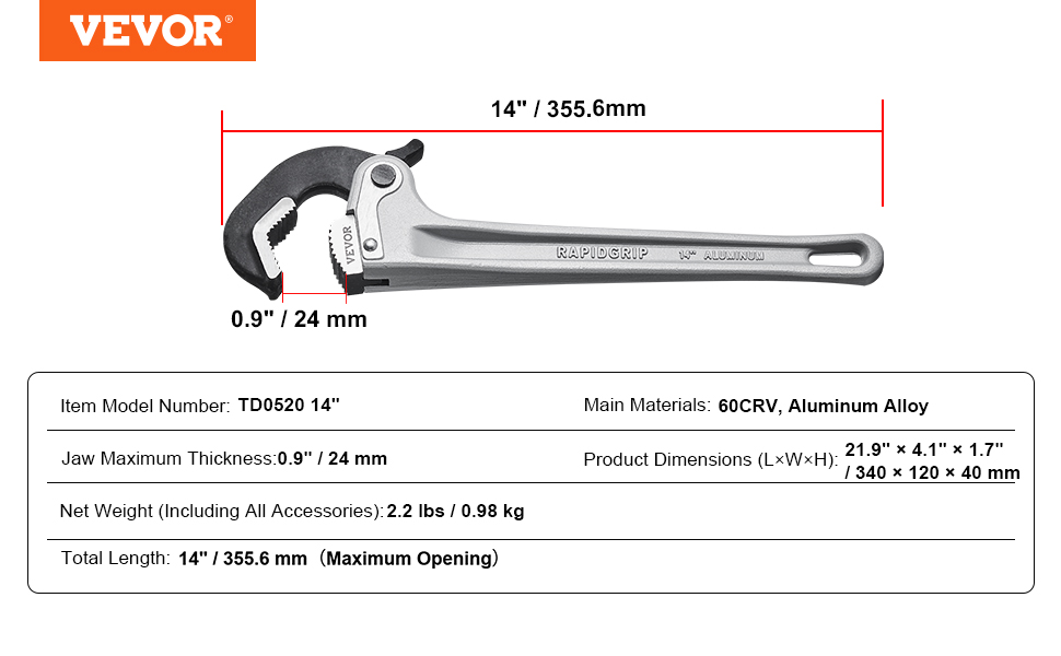 VEVOR pipe wrench with 14-inch length, 0.9-inch jaw thickness, 60crv aluminum alloy material.