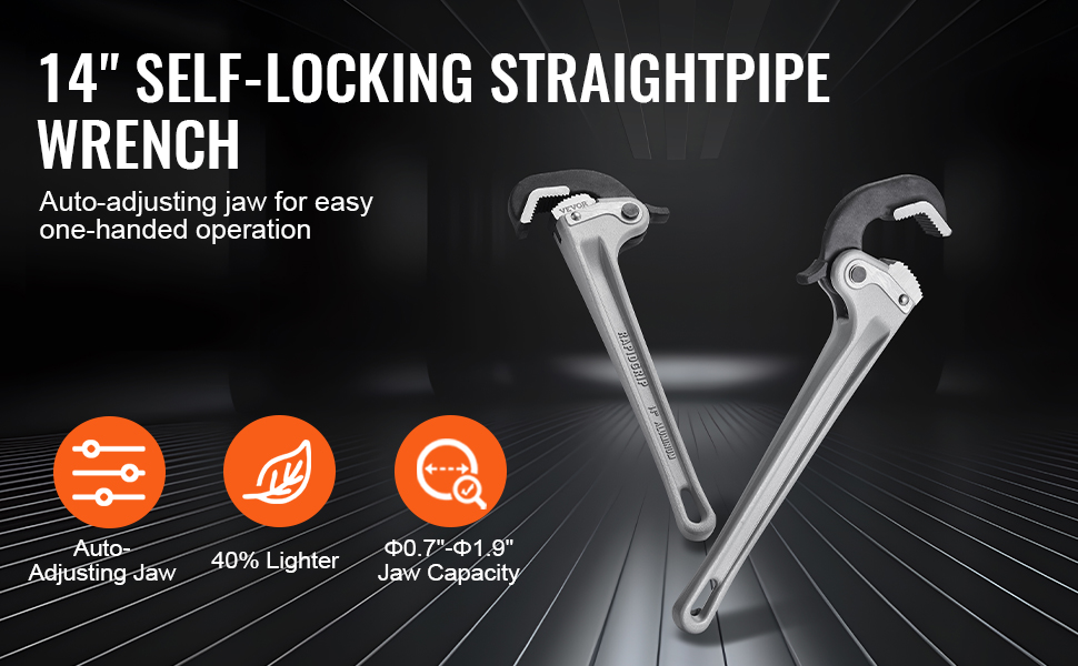 VEVOR pipe wrench: lightweight, 14" straight pipe wrench with auto-adjusting jaw for easy operation.