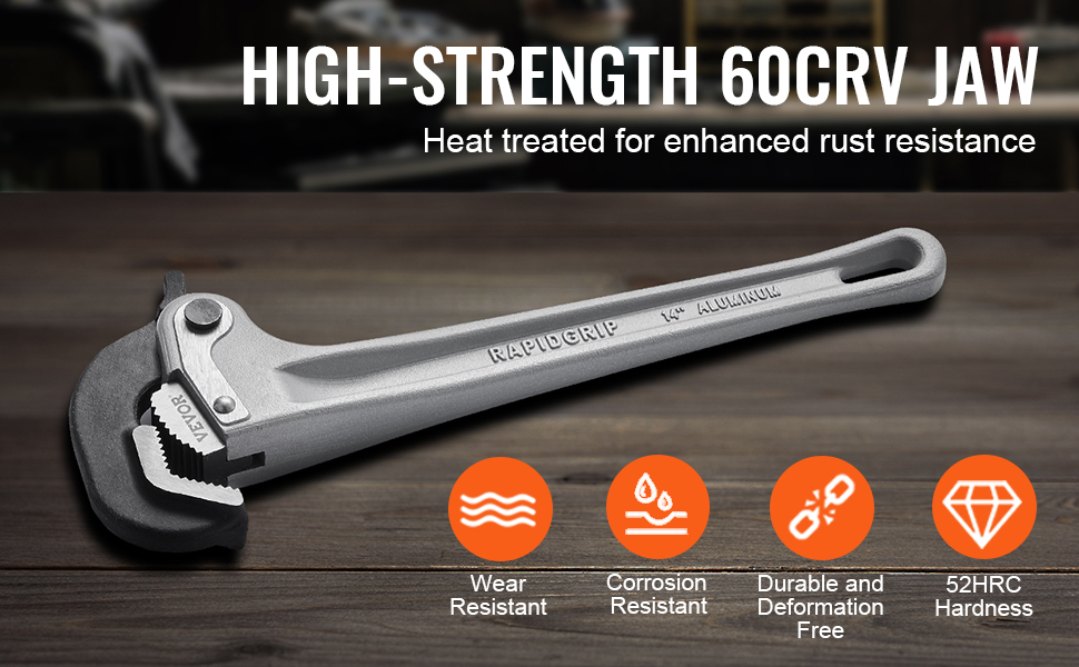 VEVOR pipe wrench with high-strength 60crv jaw, corrosion and wear resistant, 52hrc hardness.