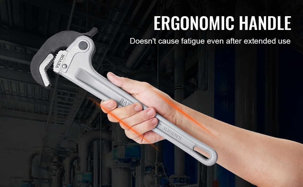 hand holding VEVOR pipe wrench with ergonomic handle, industrial background.