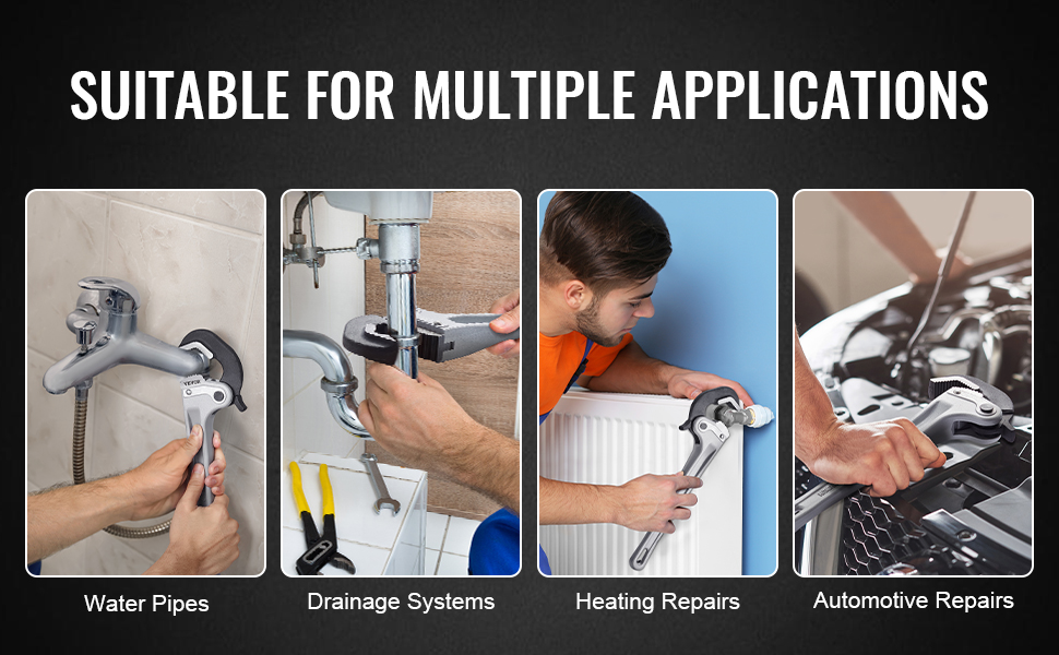 VEVOR pipe wrench for water pipes, drainage systems, heating repairs, and automotive repairs.