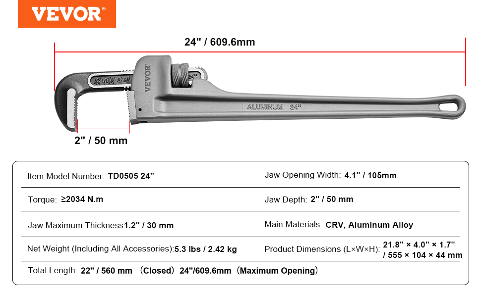 VEVOR pipe wrench, 24" aluminum alloy, 2034 n.m torque, 4.1" jaw width, 5.3 lbs weight.