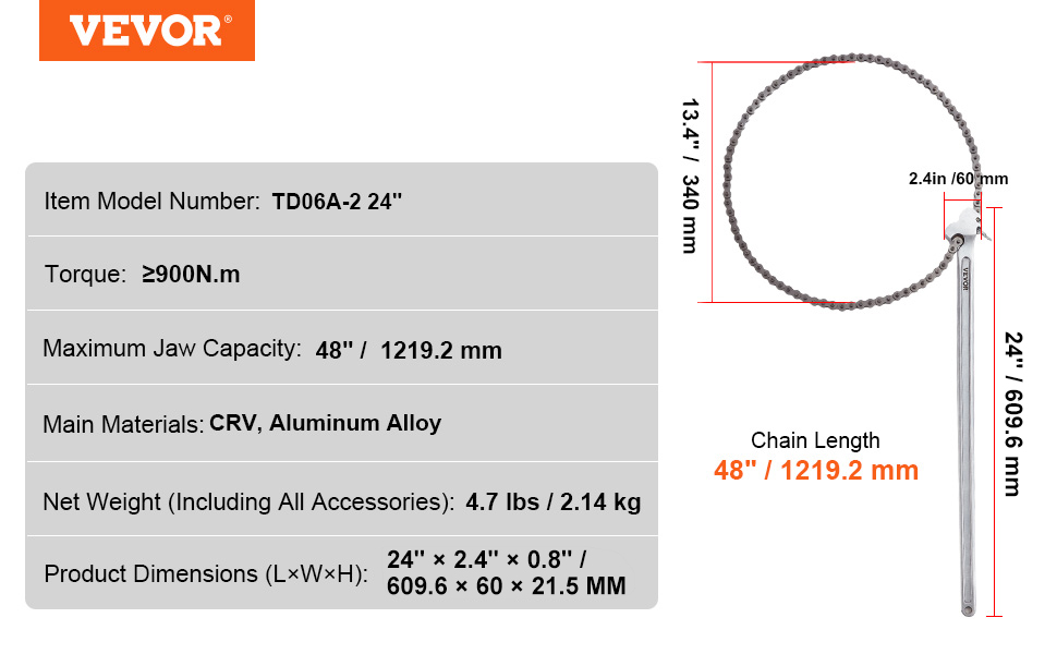 VEVOR chain wrench, td06a-2, 900n.m torque, 48" jaw capacity, crv aluminum alloy, 4.7 lbs weight.