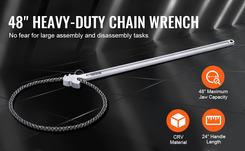 VEVOR chain wrench, 48" heavy-duty with 48" jaw capacity, crv material, and 24" handle length.