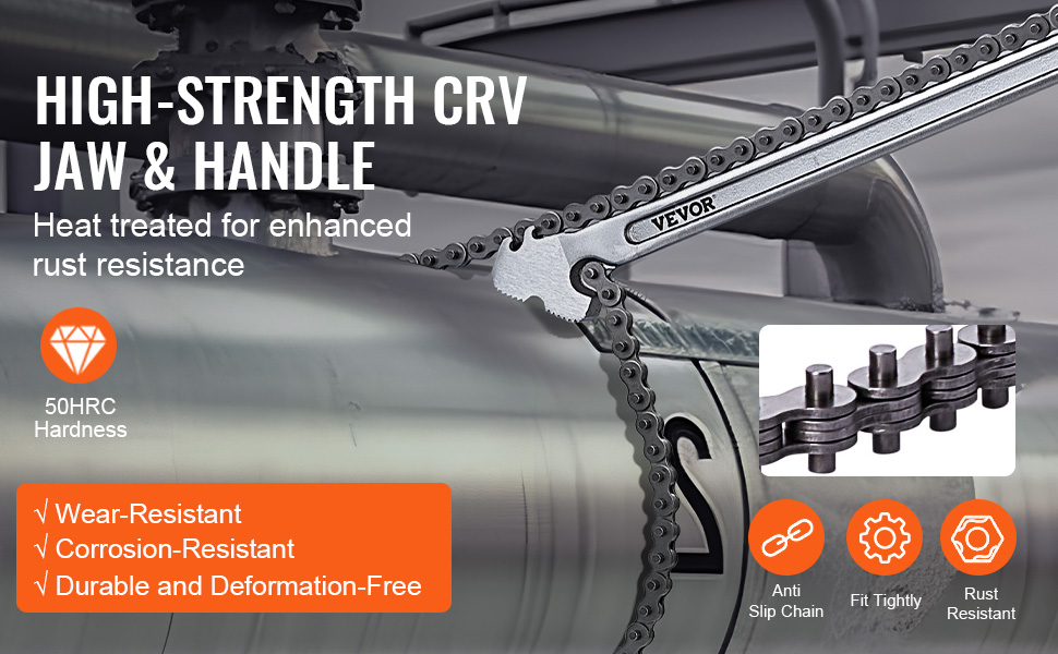 VEVOR chain wrench on a metal pipe showcasing its high-strength crv jaw, handle, and anti-slip chain.