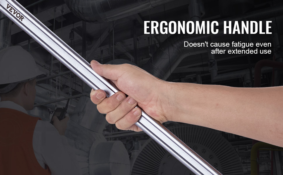 VEVOR chain wrench with ergonomic handle, held by a person, in an industrial setting. text promotes comfort.