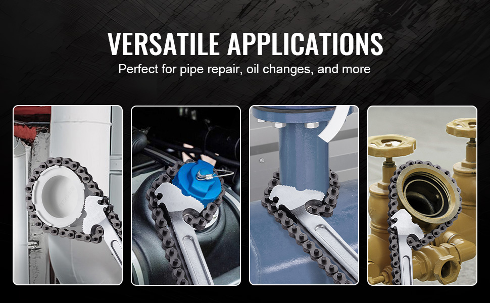 VEVOR chain wrench showcasing versatile applications for pipe repair and mechanical maintenance.