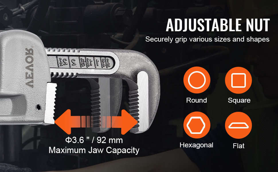 VEVOR pipe wrench with adjustable nut, 92 mm jaw capacity, grips round, square, hexagonal, and flat shapes.