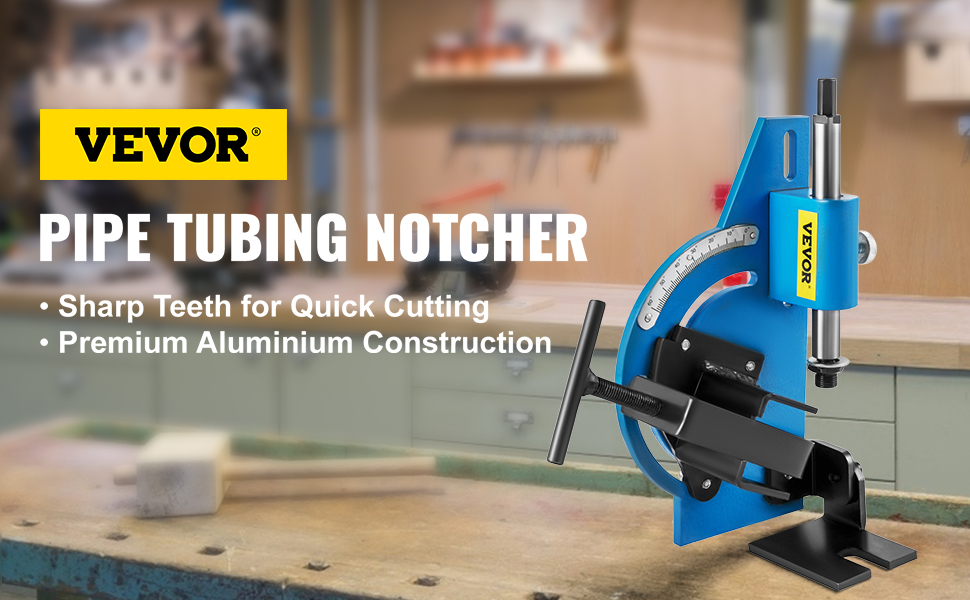 VEVOR pipe notcher on a workbench with sharp teeth and premium aluminum construction.