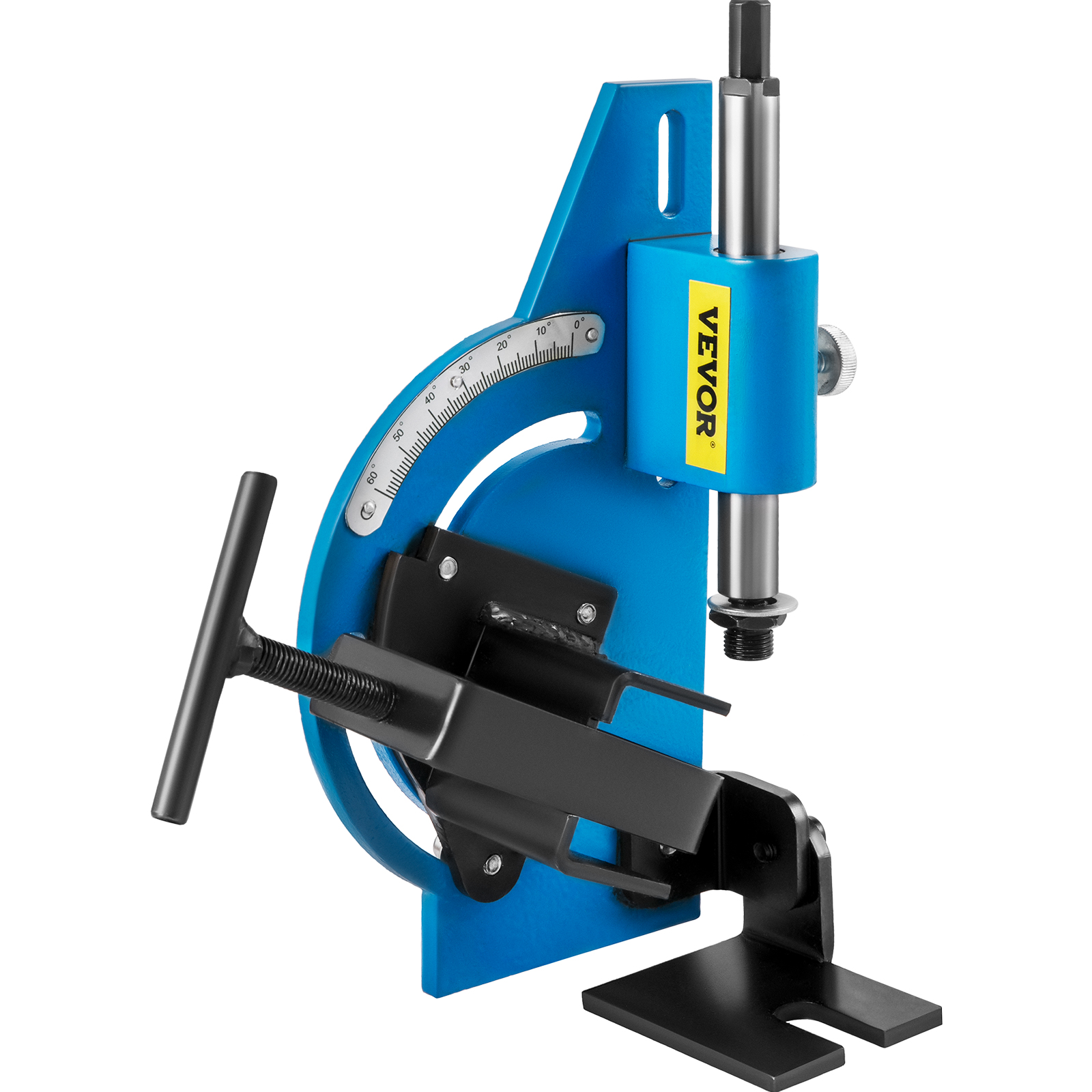 blue VEVOR pipe notcher with angle gauge and adjustable handle.