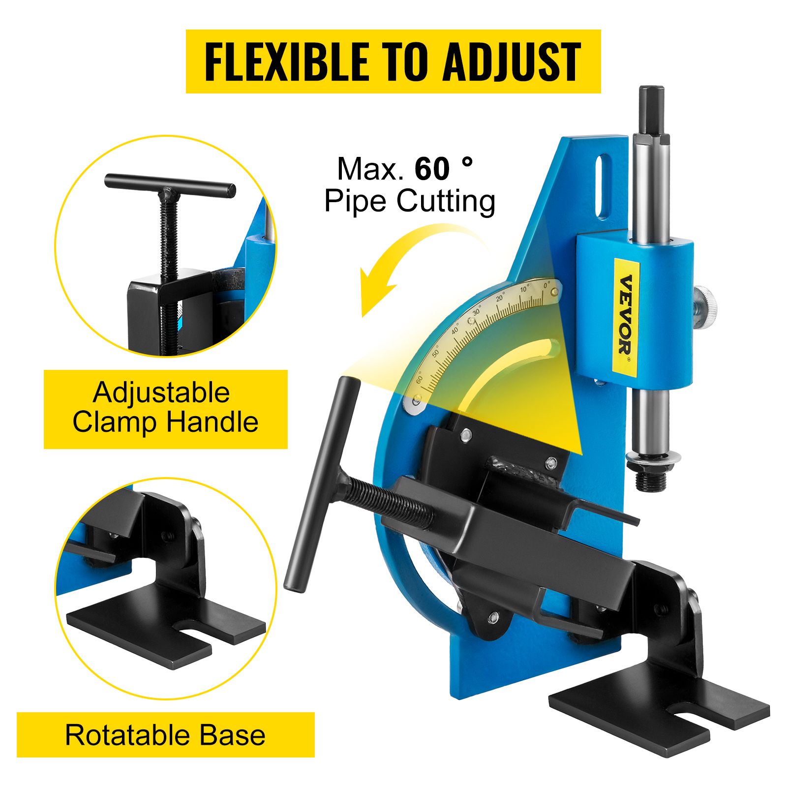 VEVOR pipe notcher with adjustable clamp handle, rotatable base, and 60° pipe cutting.