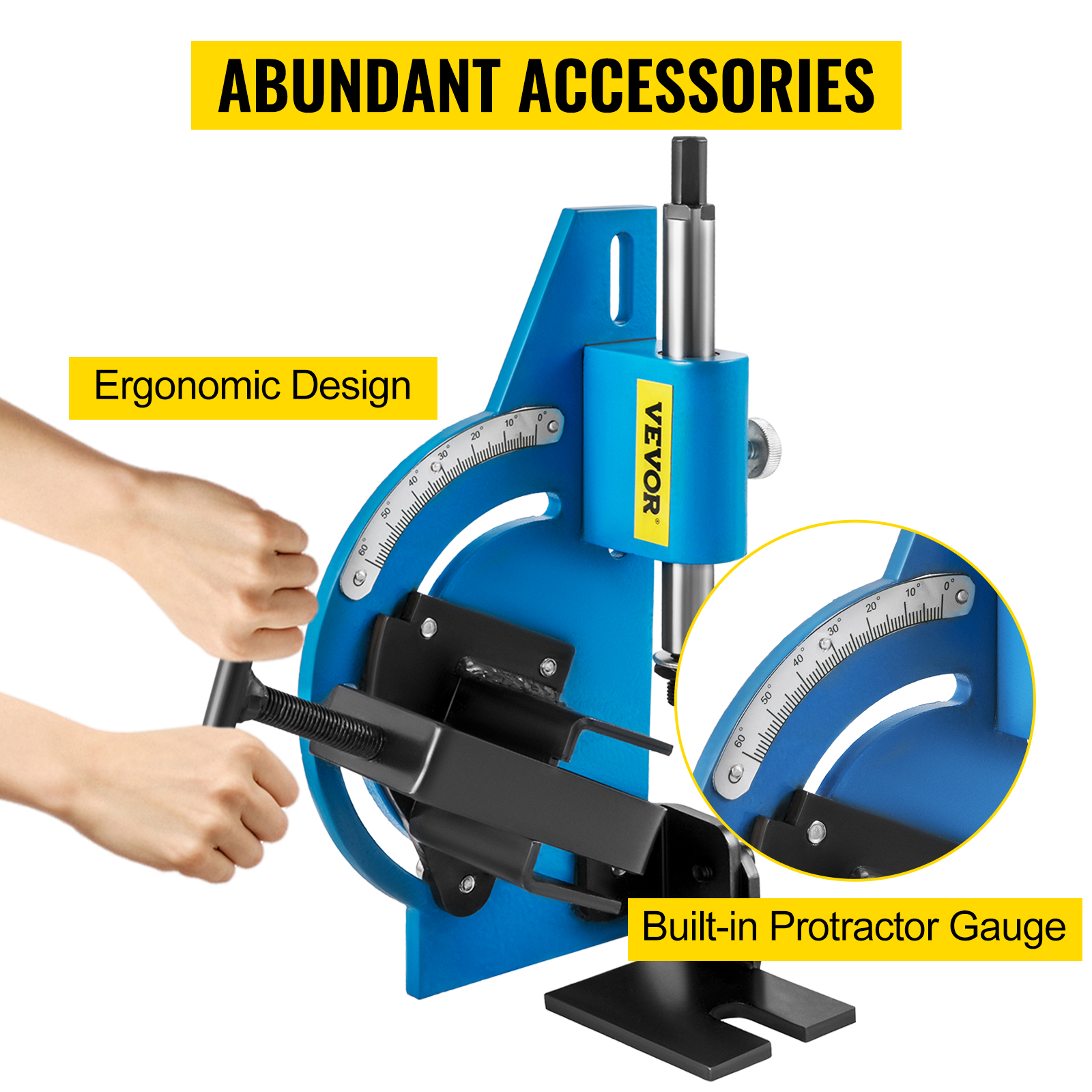 VEVOR pipe notcher with ergonomic design and built-in protractor gauge, abundant accessories.