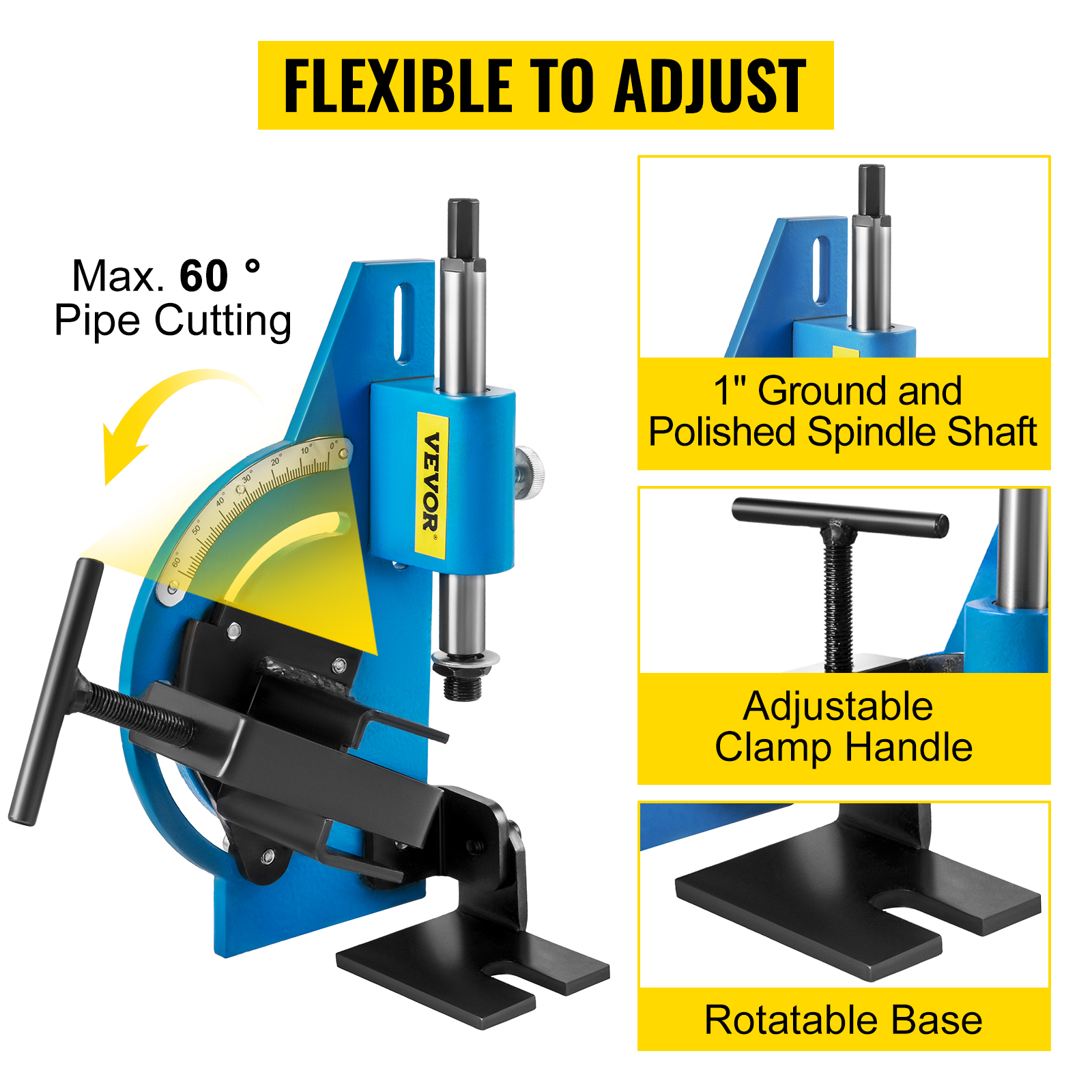 VEVOR tube notcher with adjustable handle, rotatable base, and 60° pipe cutting.