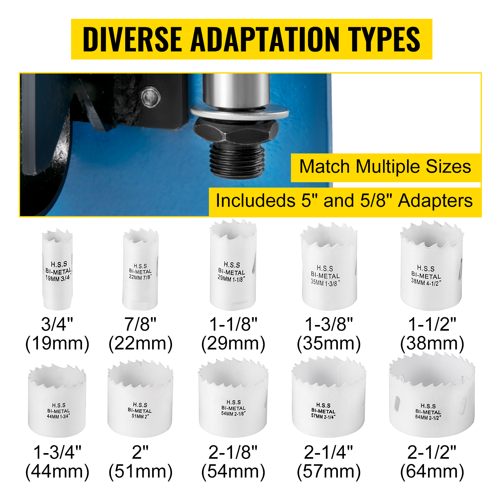 VEVOR tube notcher with multiple bi-metal hole saw sizes and adapters displayed.