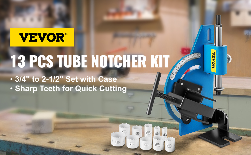 VEVOR tube notcher with 13 pcs set and adjustable angle in a workshop setting.