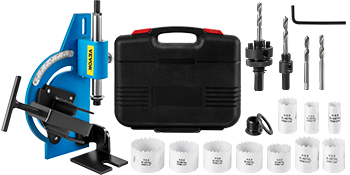 VEVOR tube notcher kit with a notching tool, case, and various drill accessories.