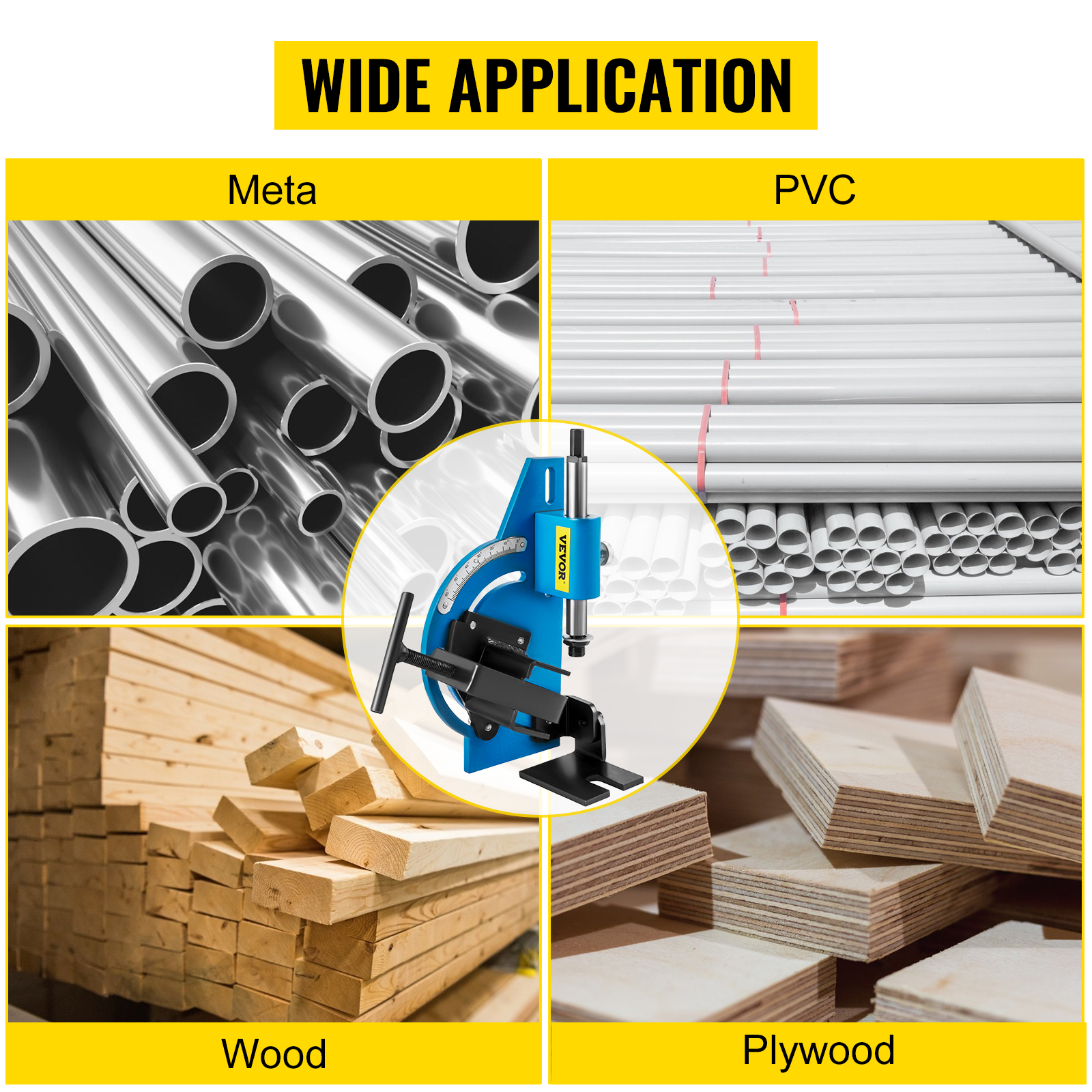 VEVOR tube notcher for metal, pvc, wood, and plywood applications. wide application.