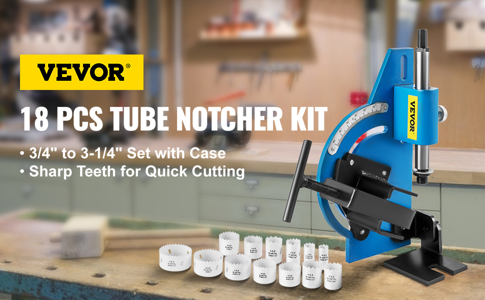 VEVOR tube notcher kit with 18 pieces for efficient tube cutting on a workbench.