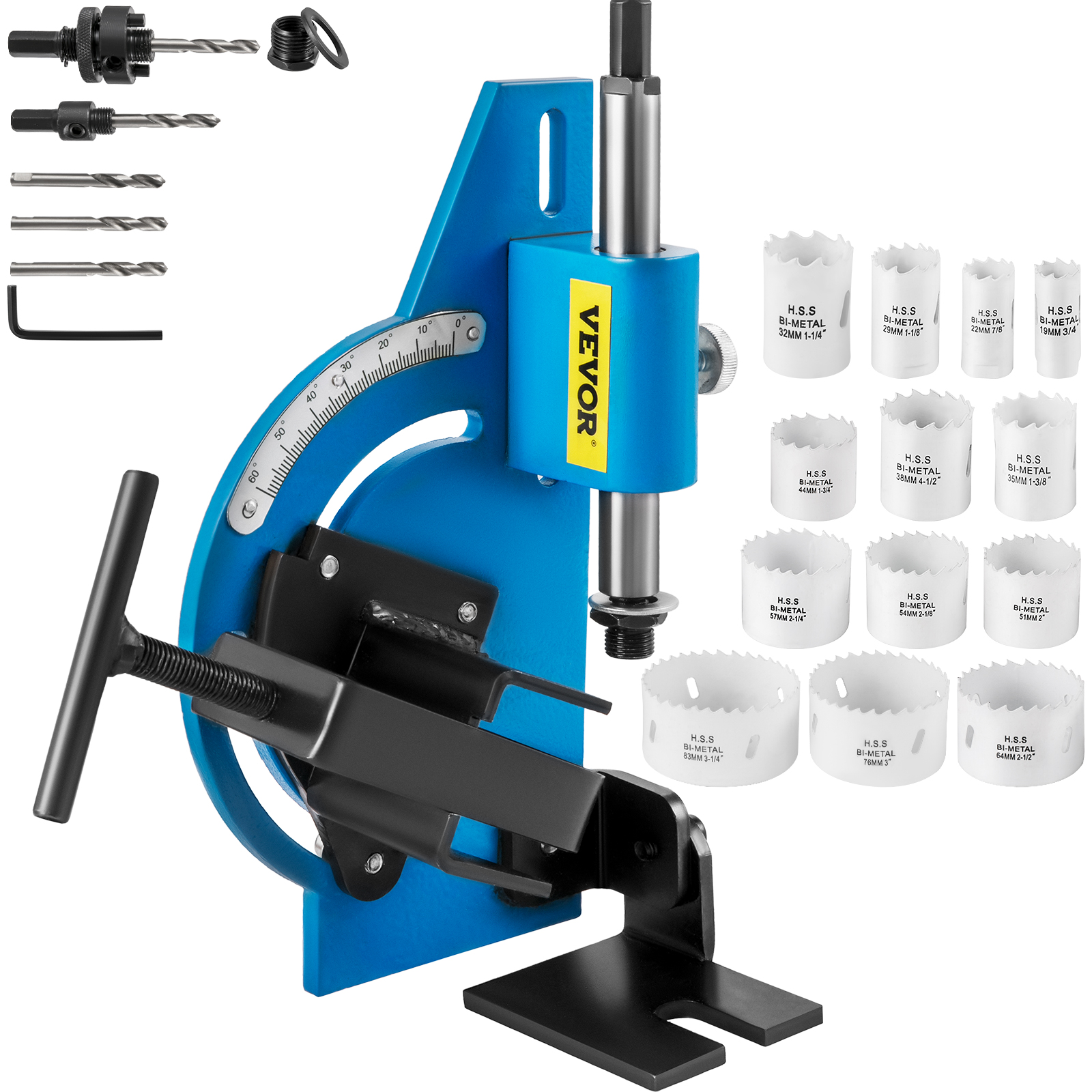 VEVOR tube notcher with hardware and multiple hole saws for metalworking.