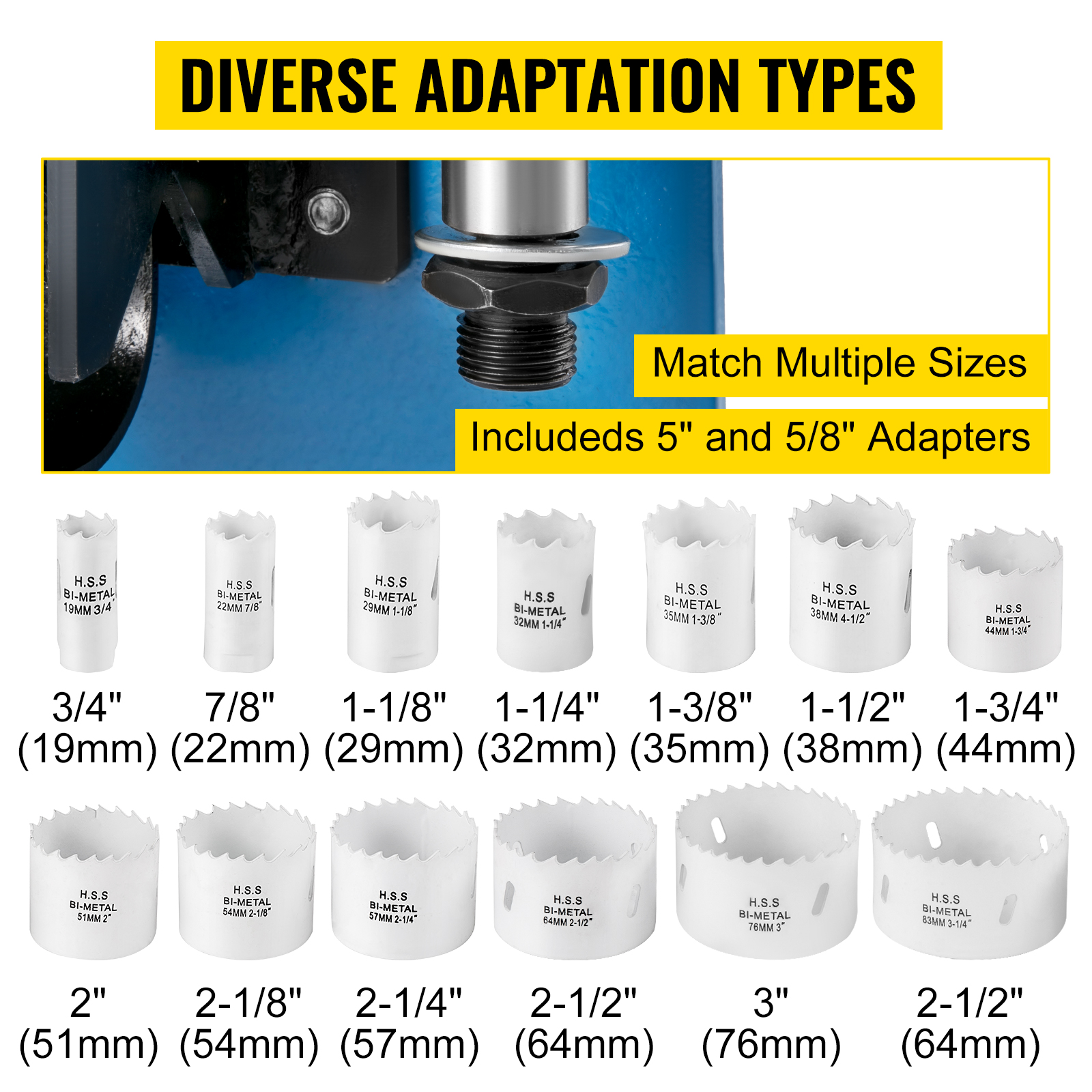 VEVOR tube notcher with various hole saw sizes and included 5" and 5/8" adapters.