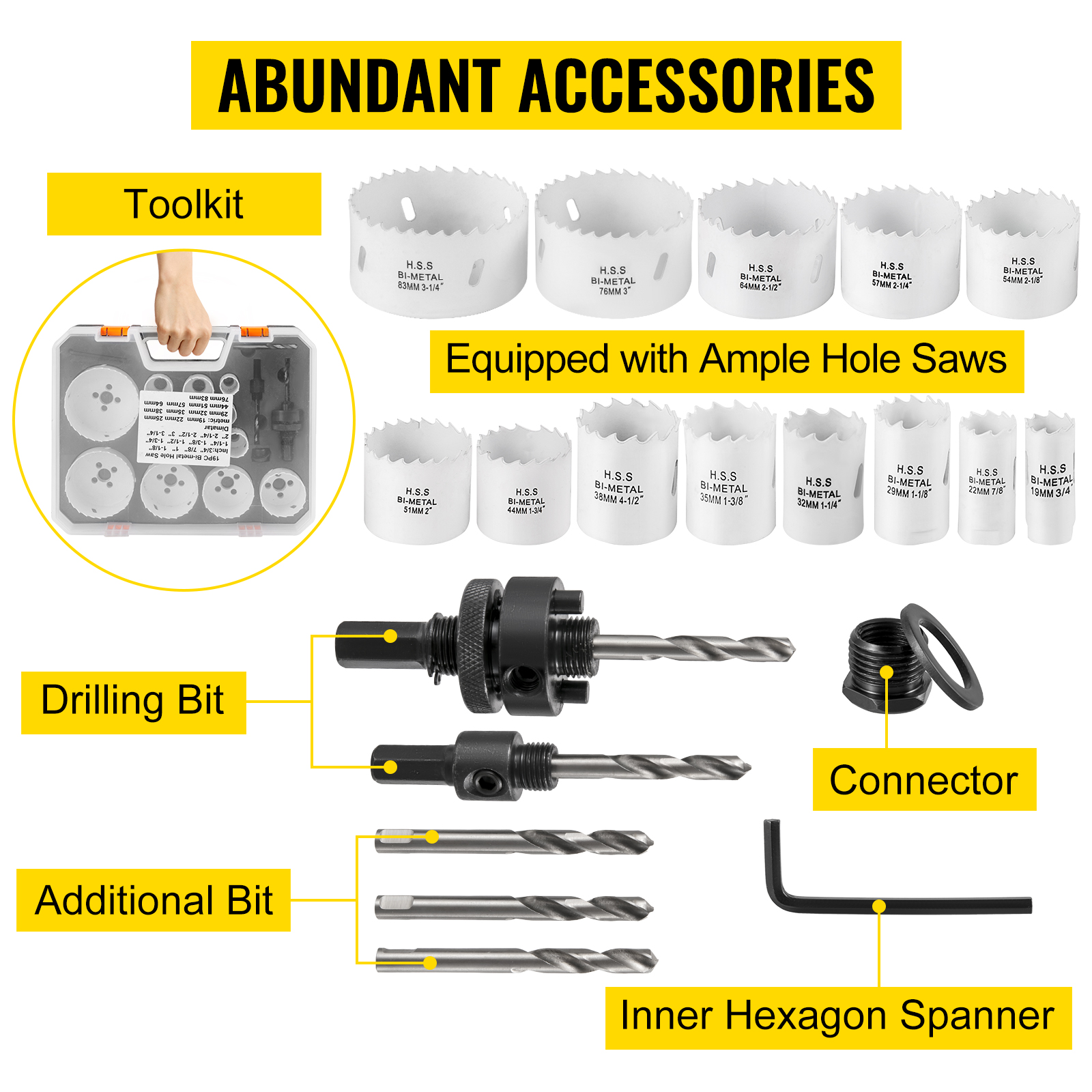 toolkit with ample hole saws, VEVOR tube notcher accessories including drilling bits.