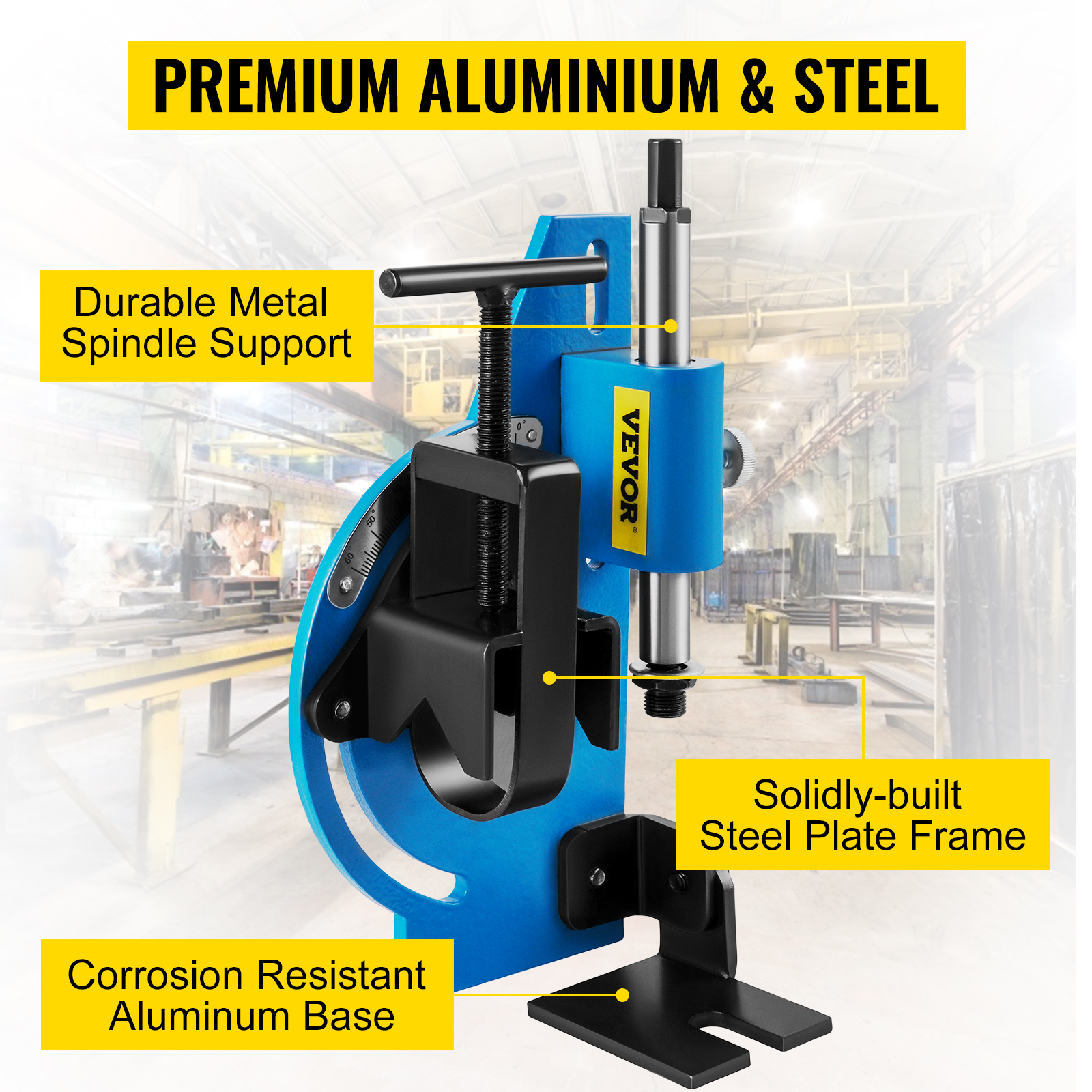 VEVOR tube notcher kit with aluminum base, steel frame, and metal spindle support.